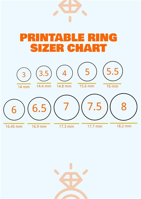 Ring size chart printable pdf - Stretch the length of string out along a ruler or measuring tape, and take down the length in millimeters. The length you measured is the circumference of your finger—to calculate the diameter, divide the circumference by pi (dividing by 3.14 will work). Use the ring size chart below to compare the diameter of your finger to the standard ring ...